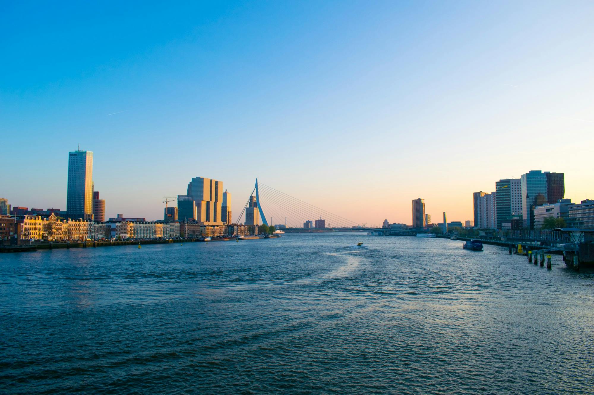 Stunning view of the modern Rotterdam skyline with the Erasmus Bridge at sunset, reflecting on the calm river.