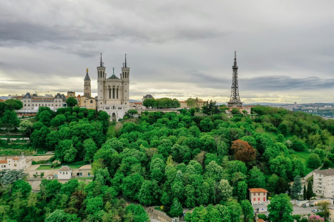 Scenic view of Notre-Dame de Fourvière and Lyon's lush green landscape.